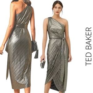 Ted Baker NWT Gabria Metallic Gold Draped Dress 6